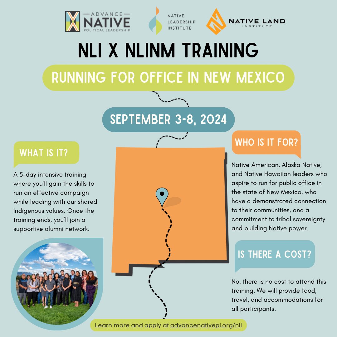 Are you an Indigenous leader in New Mexico who has thought about running for office? 🏛️💪🏾 We're partnering with @nativelandinst to bring the #NativeLeadershipInstitute to Santa Ana Pueblo for our second year in a row. 💻 Learn more and apply today: advancenativepl.org/events/nli-lea…
