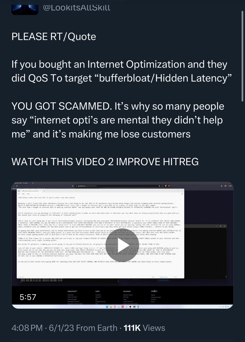 AllSkillX3D's tweet photo. PLEASE LIKE RT AND REPLY

Kirnell is a fraud and a scumbag. He’s changed his ENTIRE opti to try to copy mine (and still failing LOL) 

He now STOLE one of my videos word for word bar for bar and made it a twitter thread to MAKE MONEY OFF IT

AND BLOCKED ME AFTER STEALING THE VID https://t.co/lS5TzdSqxR