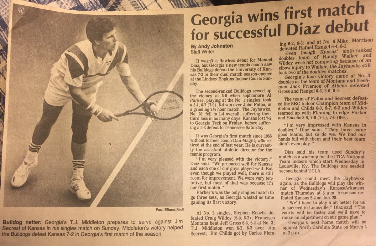 I still have this newspaper clipping from 1989… documenting the first win for Manny Diaz as @UGAtennis coach, a 7-2 win over Kansas indoors in Athens with Al Parker clinching the win for Georgia beating John Falbo at No. 1 singles