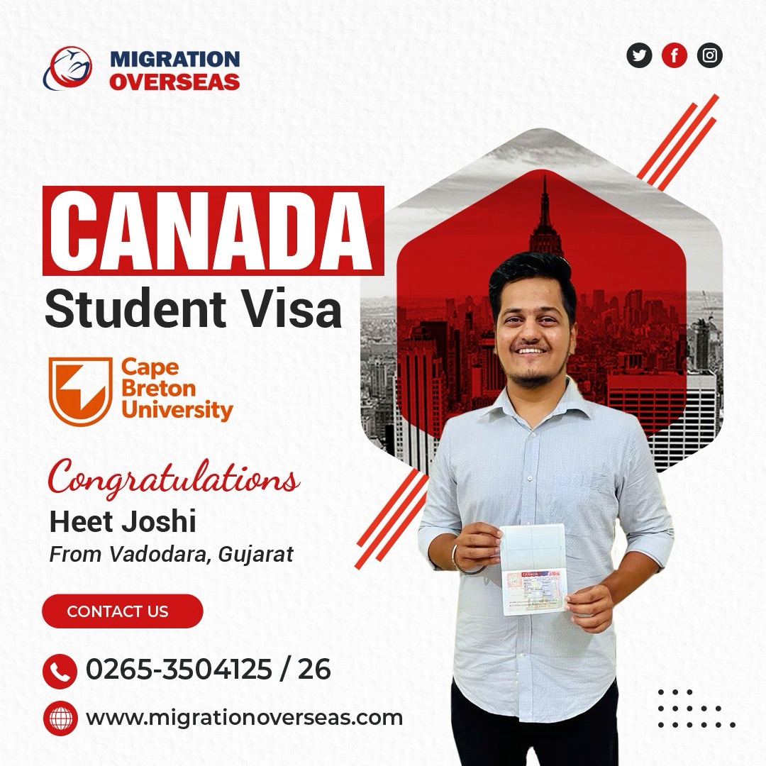 Congrats 🎉 Mr. Heet Joshi from #Vadodara for getting #Canada #Student #Visa with #CapeBretonUniversity #NovaScotia #MigrationOverseas #LatePost #WeHelpRealiseYourDreams. Call 0265-3504125 for appointment.