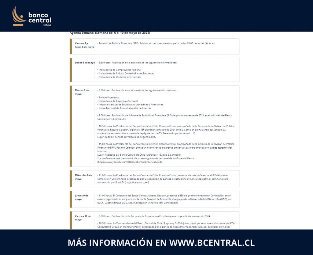 🗓️A continuación compartimos la agenda del Banco Central de Chile para la semana del 06 al 10 de mayo de 2024. 💻Link a la publicación: bit.ly/3QtBSWy #BancoCentral #BancoCentralDeChile