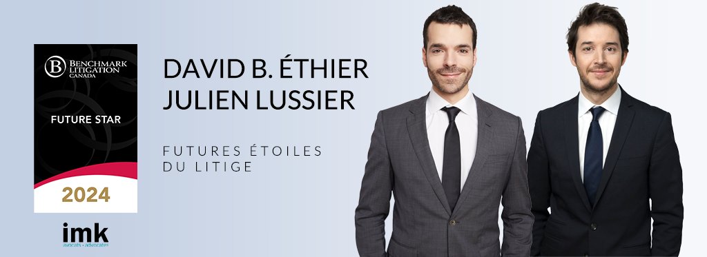 David B. Éthier et Julien Lussier sont reconnus cette année par le guide Benchmark Litigation en tant que futures étoiles du litige. Cette distinction est réservée aux avocats dont la carrière est en plein essor et elle témoigne de leur talent et potentiel. Bravo David et Julien!