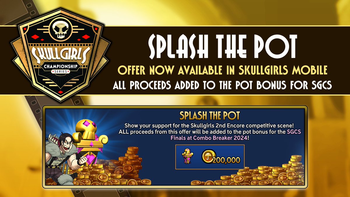 Want massive discounts on Skullgirls Mobile rewards AND to contribute to the Skullgirls Championship Series? The SPLASH THE POT offer is for you! ALL proceeds from this offer will be added to the pot bonus for the Skullgirls World Championship! Details: bit.ly/splash-the-pot