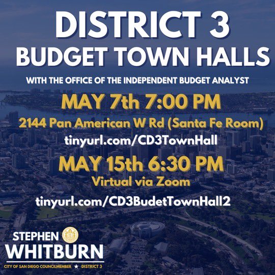 Want to learn more about the FY25 budget? Join us for a series of town halls with the Independent Budget Analyst (IBA) to learn more about the budget process. RSVP Here: Town Hall 1: tinyurl.com/CD3TownHall Town Hall 2: tinyurl.com/CD3BudetTownHa…