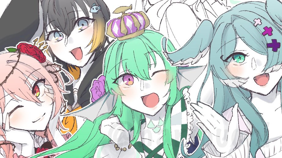 EliraPendora ,フィナーナ竜宮 ,ペトラ・グリン 「昨日の色塗り進捗なんだけど個人的にガールズが可愛く描けて高まる 今日も帰ったら続」|針淵のイラスト