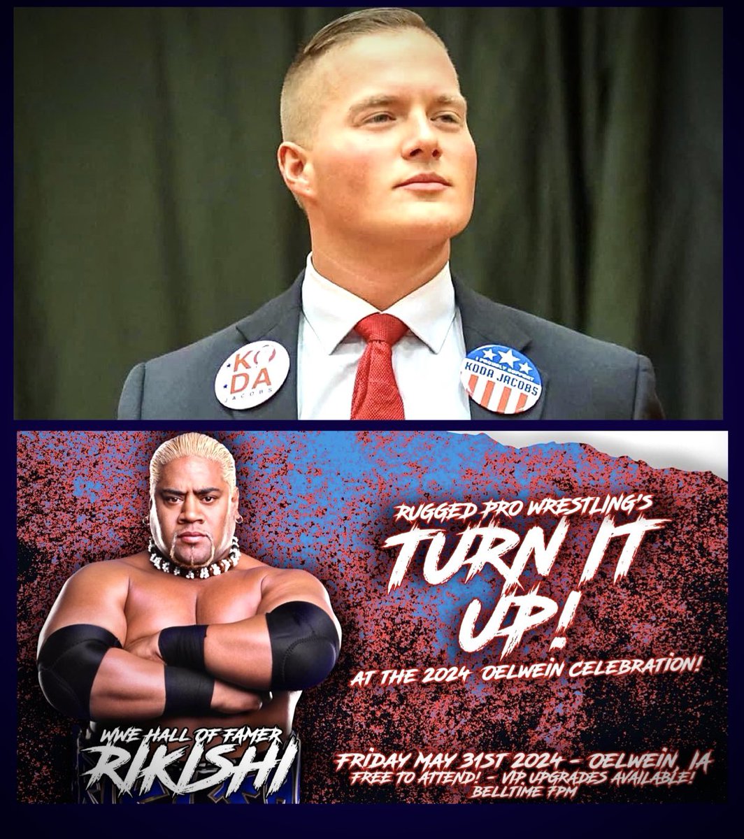Koda Jacobs returns to #RUGGEDpro 🗓️FRIDAY, MAY 31 🗓️, as @RUGGEDwrestling & Oelwein Celebrations Inc. present #TurnItUp 📍 OELWEIN, IA 💥SPECIAL GUEST💥 #WWE #HoF’er @TheREALRIKISHI ‼️FREE ADMISSION‼️ 🎟PREMIUM TICKETS & MEET & GREET⬇️ checkout.square.site/merchant/MLP9Q…