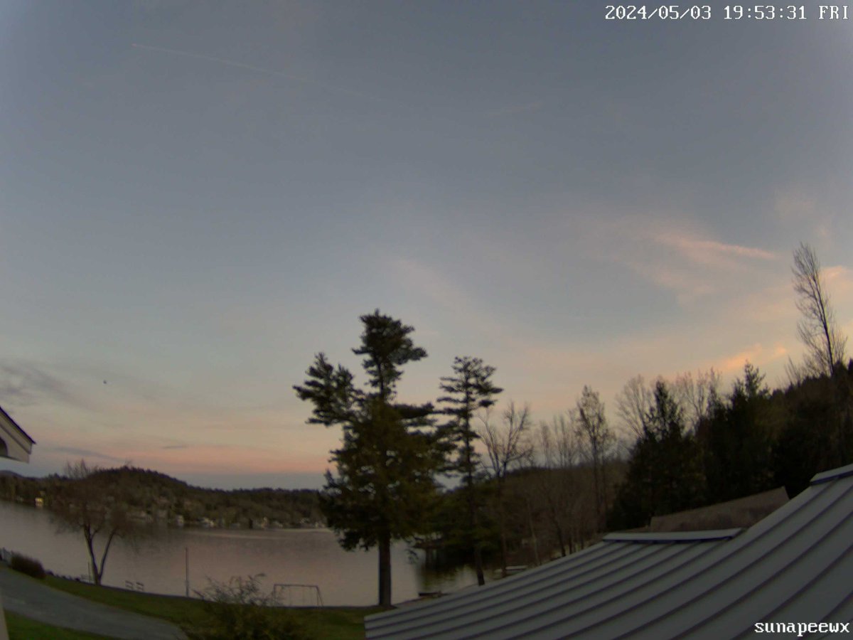 3 May 2024—Good night #Sunapee. The sunset tonight was at 7:53 PM. The forecast low for tonight is 46ºF #NewHampshire #weather #NHwx