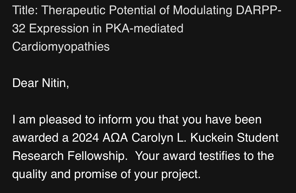 Extremely excited to say that my exploration into DARPP-32 as a therapeutic target for cardiomyopathies has been accepted for the Kuckein Fellowship. Thank you @AOA_society and to my mentors at the @NIHAging!! #heartdisease
