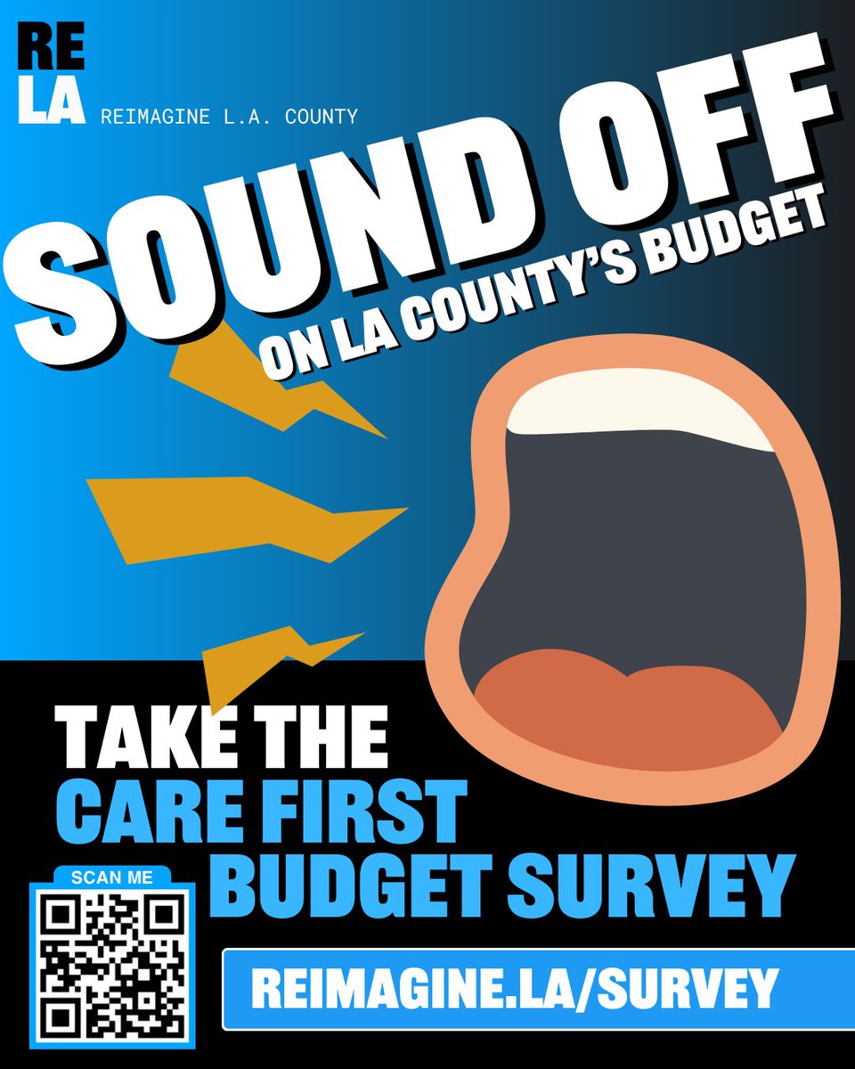 What if we told you that you have the power to influence LA County’s $45.37 BILLION budget? What would you want to invest in? Let us know by taking the Care First Budget Survey at reimagine.la/survey

#CareFirst #ParticipatoryBudgeting #CareFirstBudget