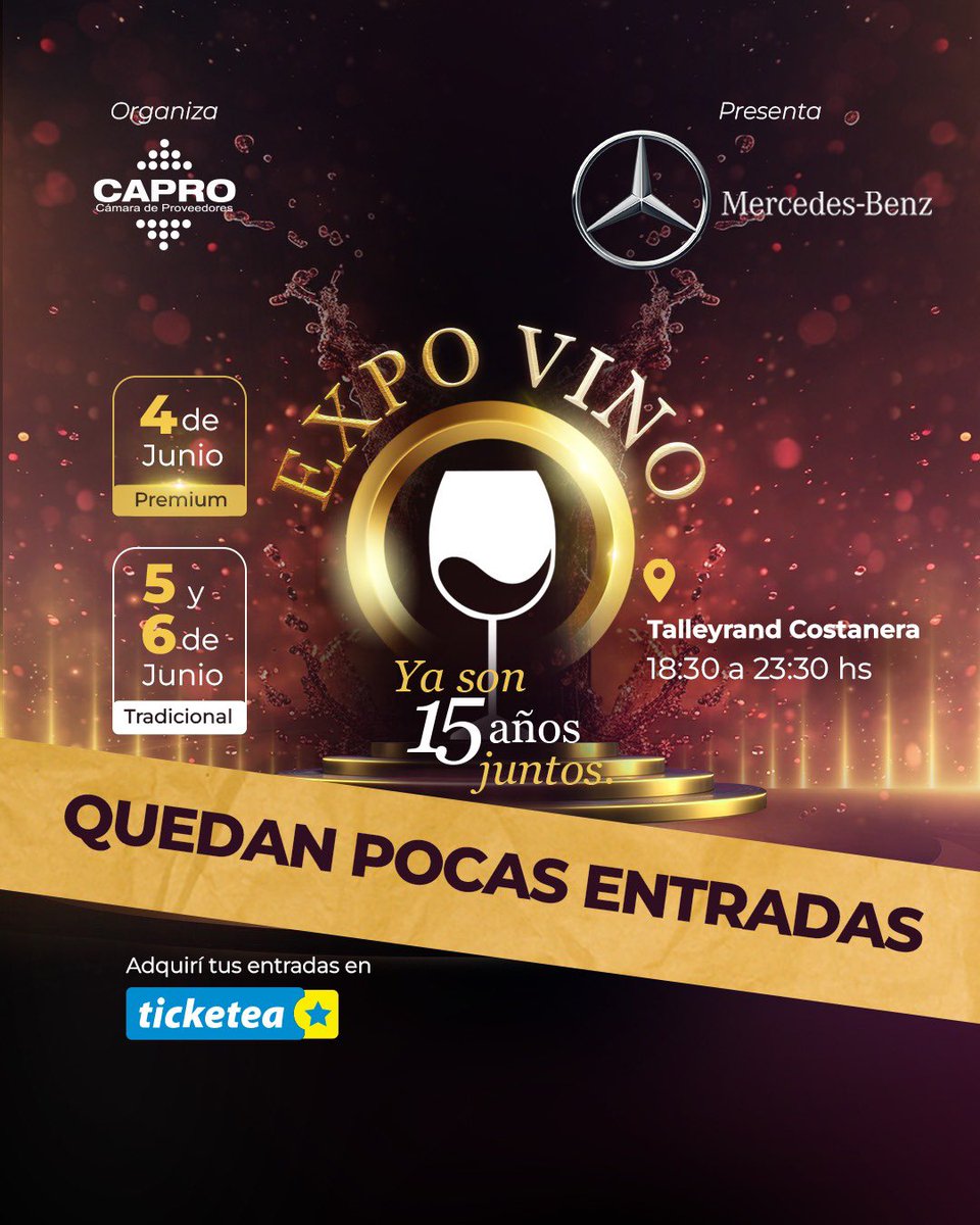 Quedan pocas entradas😱
¡No te quedes sin la tuya!
Brindemos juntos nuestros 15 años de #expovino2024