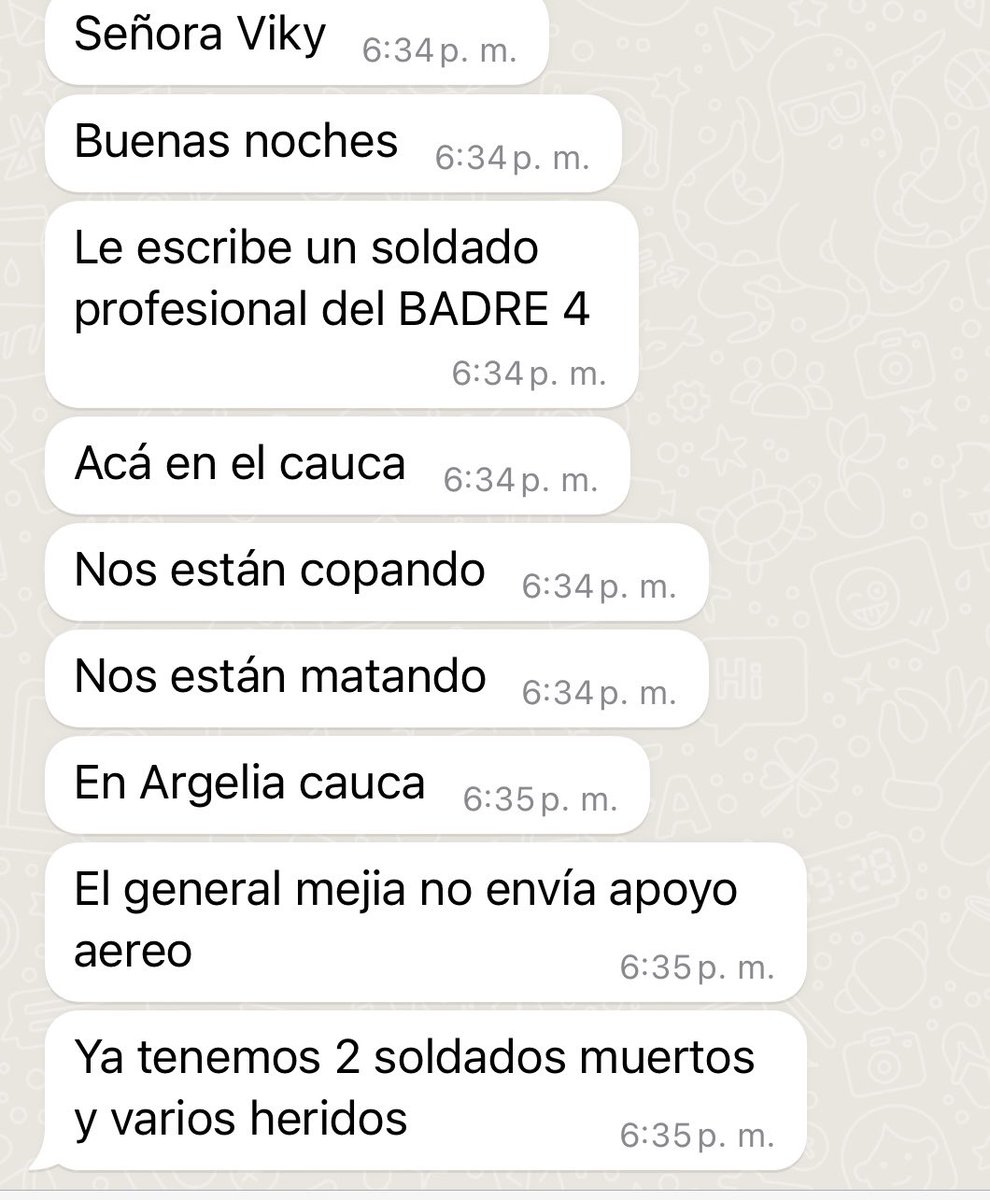 VickyDavilaH's tweet photo. Urgente: me escriben varios militares. Dicen que en Argelia-Cauca están en una en emergencia, mientras son atacados por criminales.  No les han mandado apoyo y están desesperados. Que el ministro de Defensa haga algo para salvar a estos héroes. 

Dios cuide a estos muchachos. No los  abandonen, por favor. 

@mindefensa