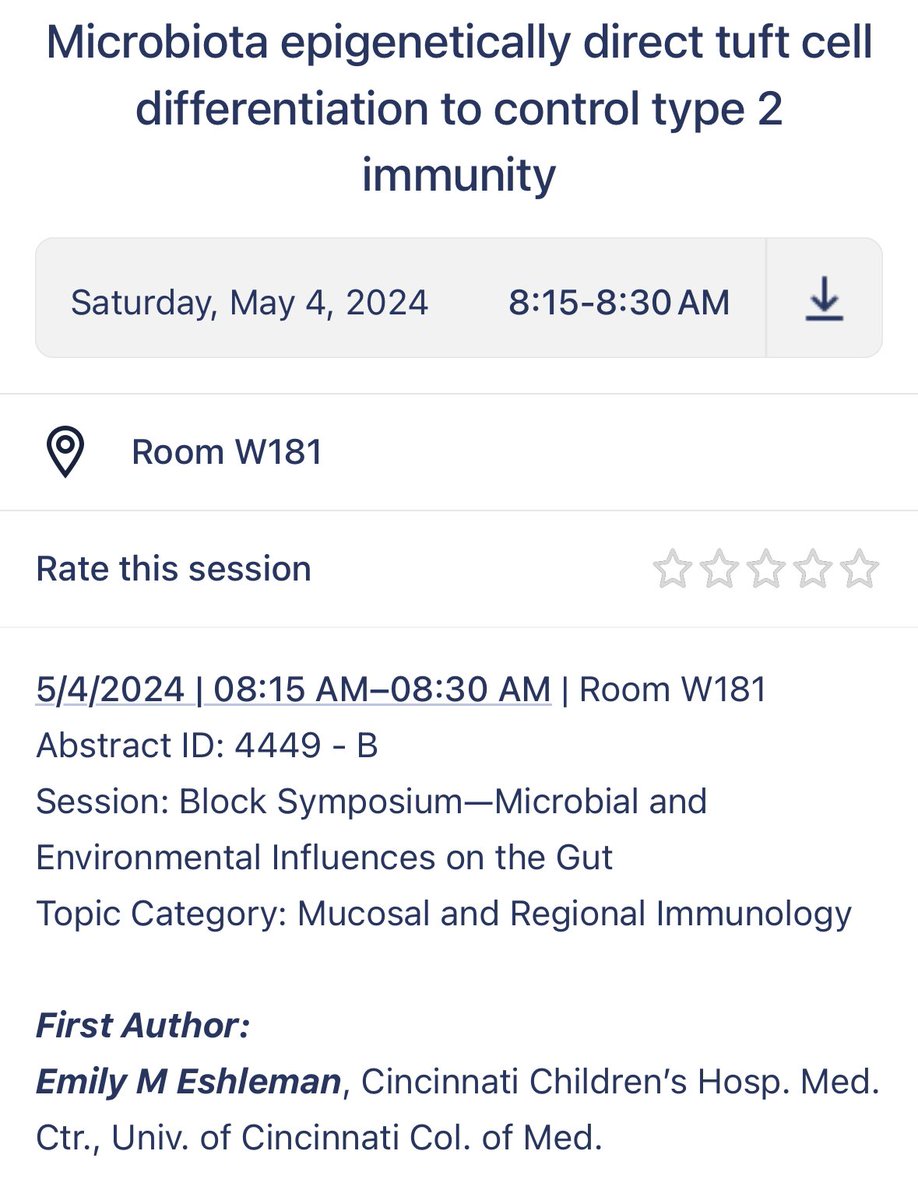 Interested in #tuftcells and #microbiota? Check out this talk by @emeshlem tomorrow at 8:15am @ImmunologyAAI! #AAI2024