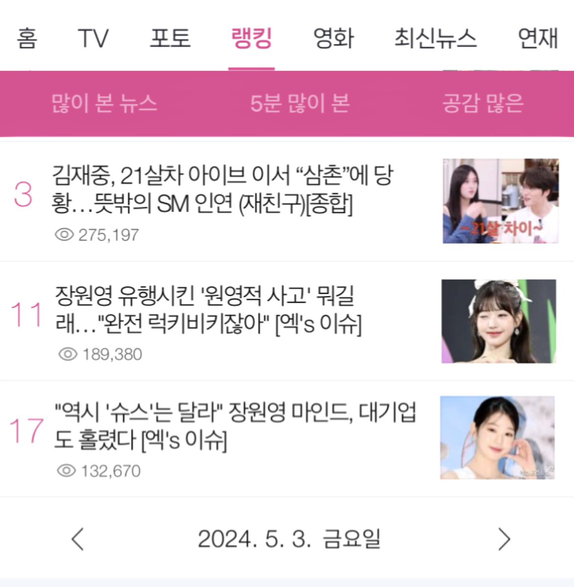 [240503] Naver's Daily Most Viewed #3 naver.me/FvFx0Uxo #11 naver.me/IMnbYR1D #17 naver.me/Gie6oJAY #IVE #아이브 #이서 #장원영