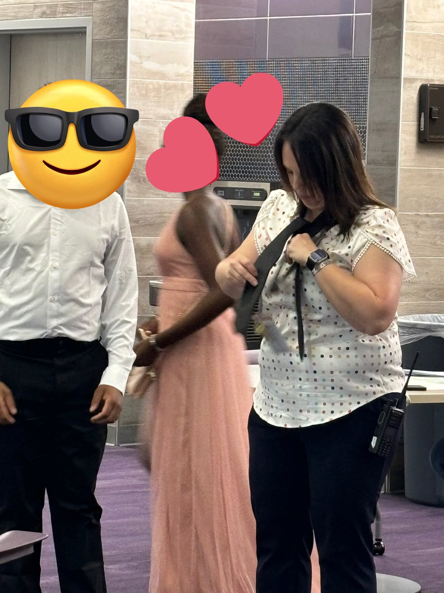 When you have other duties assigned! Coordinators working a middle school dance and AP soon to be principal tieing a tie! 💜🤵‍♀️ @ForneyAthletics @forneyisd   #forneyfamily