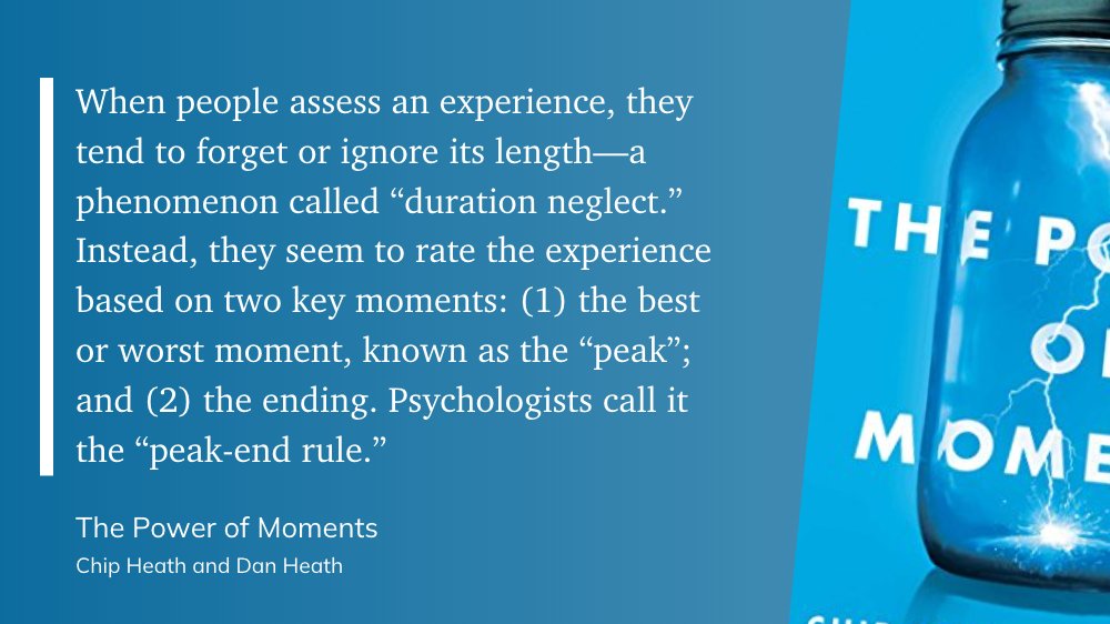 When people assess an experience, they tend to forget or ignore its length—“duration neglect.” Instead, they seem to rate the experience based on two key moments: (1) the best or worst moment, known as the “peak”; and (2) the ending. Psychologists call it the “peak-end rule.”