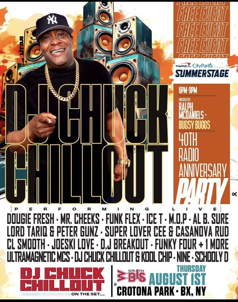 Yes it goes down Aug-1 it’s @djchuckchillout 40th anniversary for being on the radio in NYC 98.7 Kiss —@WBLS1075NYC the place to is crotona park in the Boogie Down Bronx it’s a free concert all is welcome let’s goooooo