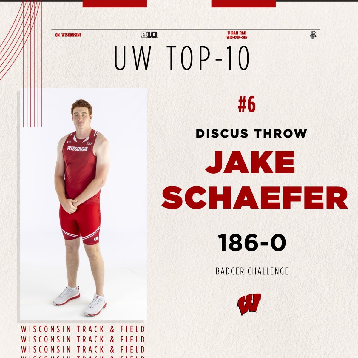 𝙀𝙡𝙞𝙩𝙚 𝙘𝙤𝙢𝙥𝙖𝙣𝙮 🫡 Jake Schaefer enters the UW top 10 list in the discus throw at No. 6 with a distance of 186-0! Congrats Jake 🥳 #OnWisconsin || #Badgers