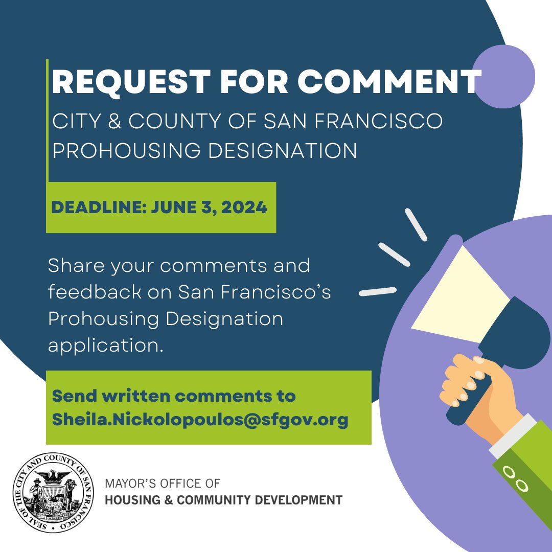 **DEADLINE FOR PUBLIC COMMENT EXTENDED** A Prohousing Designation is an important and essential achievement that demonstrates San Francisco’s commitment to accelerate housing supply and affordability. Share your comments by June 3, 2024. Full application: sfgov.legistar.com/View.ashx?M=F&…