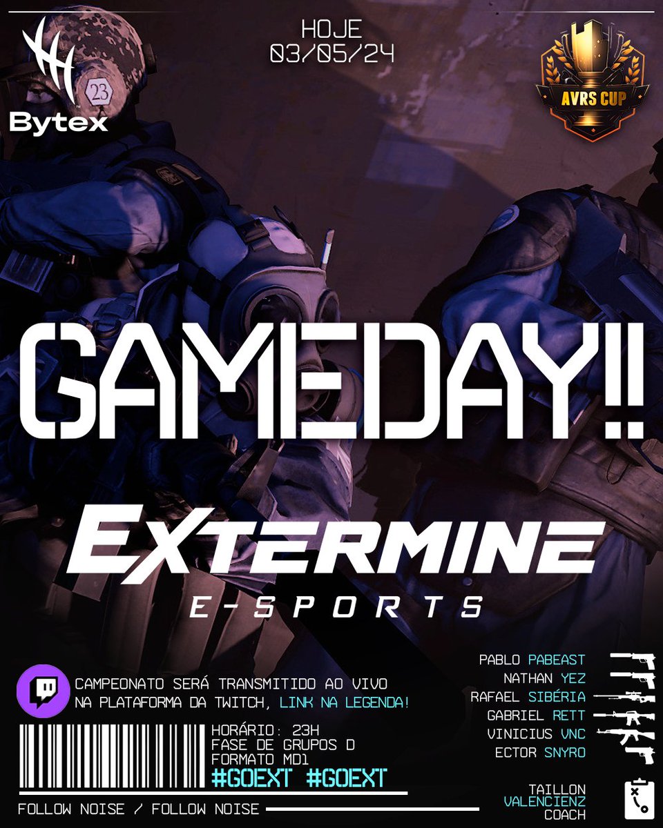 exterminesports's tweet photo. 🔥 GAMEDAY na AVRS CUP às 23h!
🐺 Extermine vs PYP 

Hoje é o dia de mostrar nossa determinação e habilidade! Vamos em busca da vitória. 🏆

🕒 Horário: 23h
🏆 AVRS Cup
📺 https://t.co/mZ1Ik5OKQC

#ExtermineCS2 #GAMEDAY #Esports #bytex #goext #avrscup https://t.co/ZiwKAXtZ59