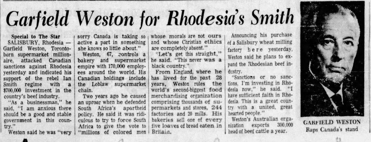 Side research find: that time Garfield Weston (grandfather of Galen Jr) had some...interesting things to say about apartheid-era South Africa. My head is still processing this one. Toronto Star, January 31, 1966 #TOHistory