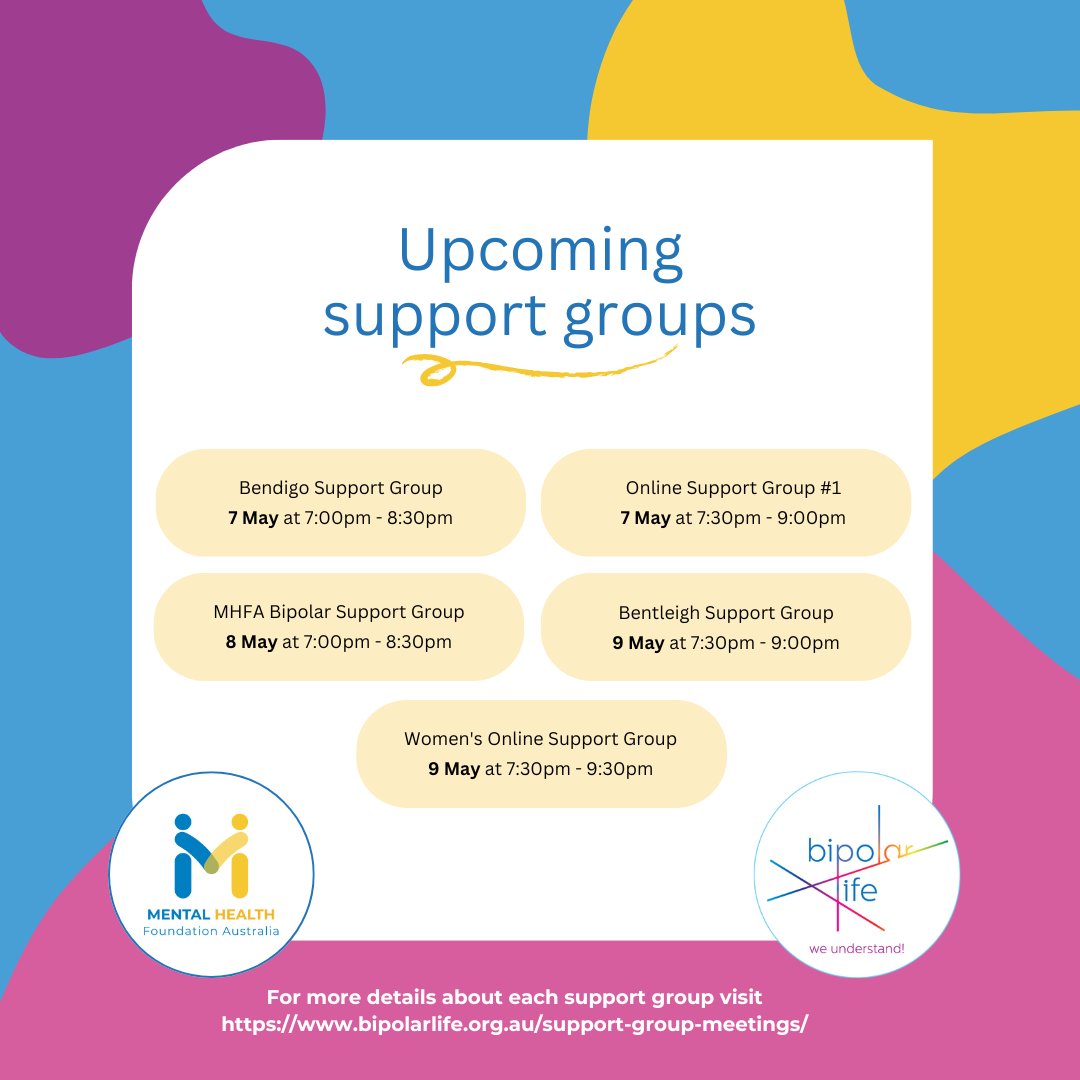 Upcoming support groups next week, for more details visit our website: bipolarlife.org.au/support-group-…

#bipolar #bipolarsupport #supportgroup #victoria #australia