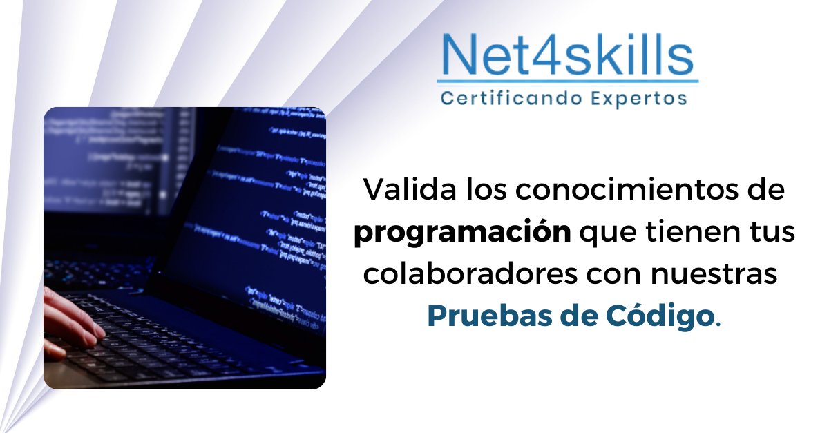 Con las Pruebas de Código de #Net4skills podrás evaluar los conocimientos de tus colaboradores en más de 10 lenguajes de programación 💻. ¡Lleva a tu equipo al siguiente nivel! 🙌 hubs.la/Q02v5q9h0