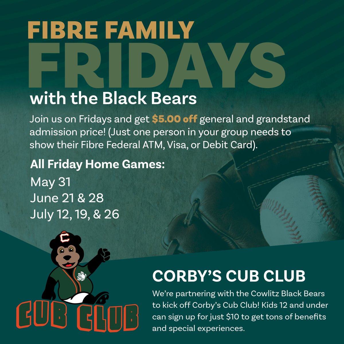 We're looking forward to a great season with the @Cowlitz Black Bears! Get discounted admission on Fibre Family Fridays when you show your FFCU card. And be sure to sign up your fans 12 & under for Corby's Cub Club! Learn about all the perks at fibrecu.com/corbys-cub-club. 😄