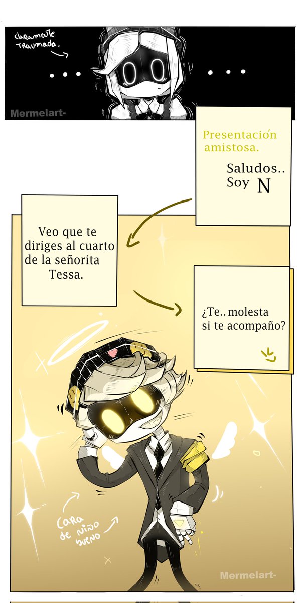 'Primera cena... parte-1' (The same but in spanish/ Lo mismo pero en español) #Murderdrones #N #AbsolutSolver #MurderdronesAu #Au #Art #comic #Español #MD