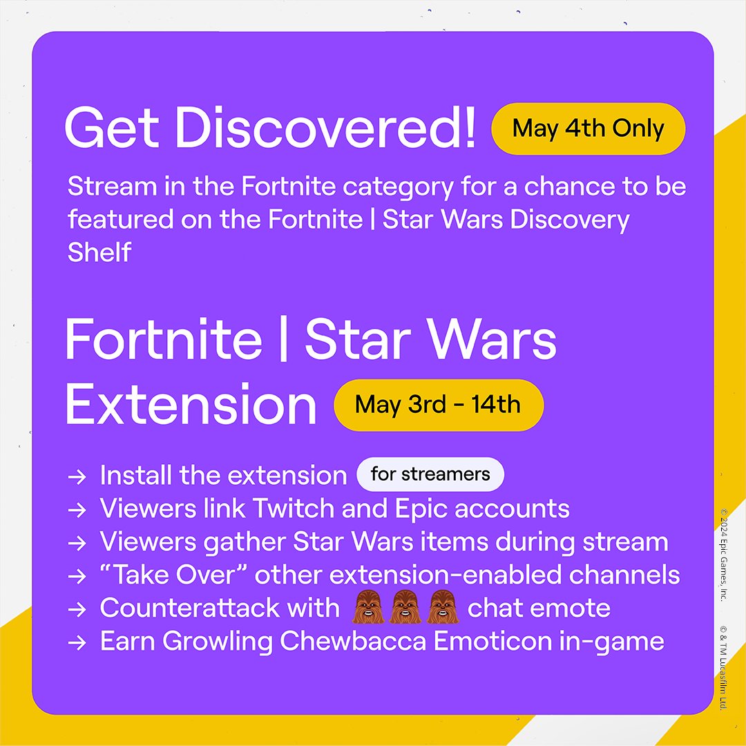 Twitch's tweet photo. Celebrate May the 4th with Fortnite | Star Wars.

Fortnite streamers: Install the extension for your viewers to earn the Growling Chewbacca Emoticon in game!

Chat, join battles across the Fortnite category with ChewyYAY.

Details here: https://t.co/YlHZOUseYu https://t.co/HG4KAPmkaQ