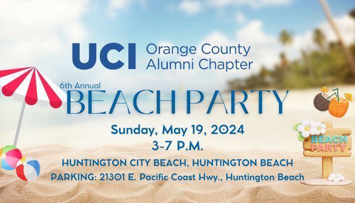 Join us for the @uciocalumni 6th Annual Beach Party May 19 @3 p.m.! 🏖️ Soak in the  Vitamin D & fresh sea breeze with fellow #UCIAlumni. Don't miss an afternoon filled w/fun games, delicious food & amazing people. Free + must register:  eventbrite.com/e/6th-annual-u…