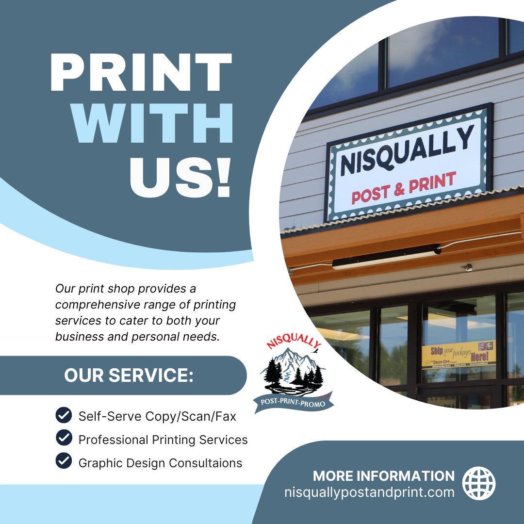 🌟🖨️ Your local printing hub is here at Nisqually Post & Print! 🏠✨ Let's serve our community together! 🌿🎉 #PrintingHub #NisquallyPostAndPrint