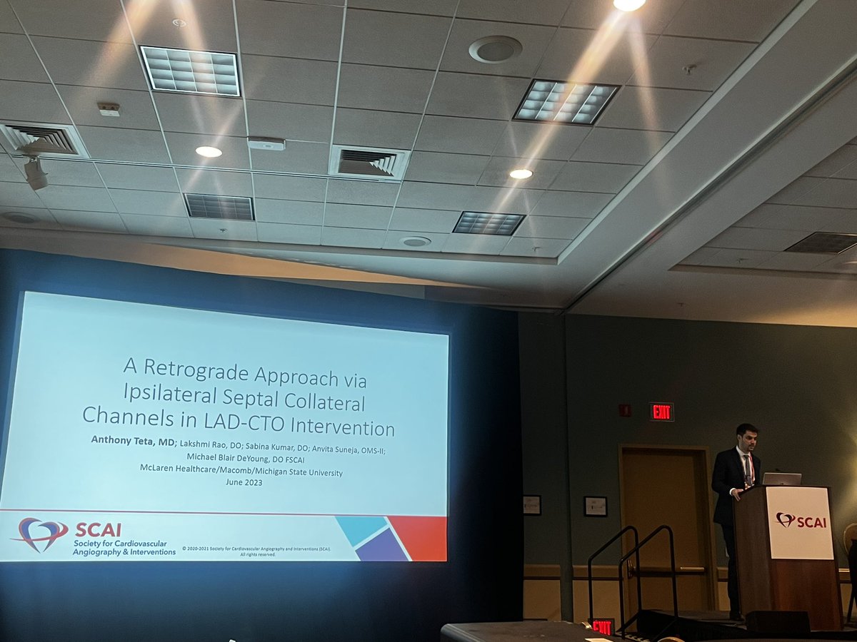 Great presentation @SCAI by our FIRST YEAR fellow and future IC @DrAnthonyTeta describing a complex CTO intervention! Great comments by the expert panel on the risks of septal to septal retrograde approach and the benefits of dual injection in CTO interventions. #SCAI2024