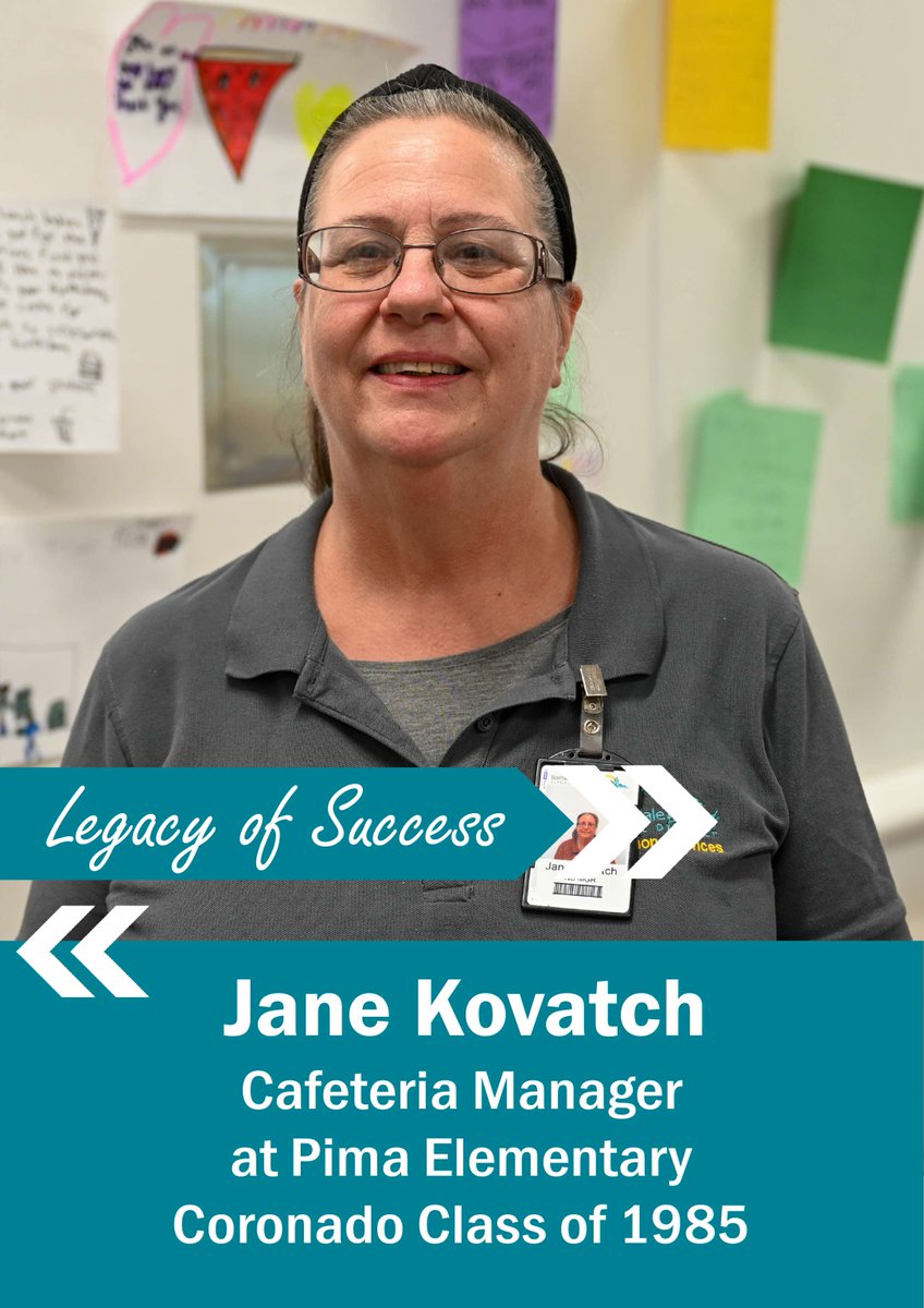 For this week's #AlumniSpotlight, we'd like to recognize Jane Kovatch, Coronado Class of 1985. Kovatch is the Cafeteria Manager at @PimaSUSD. #LegacyOfSuccess @CoronadoSUSD