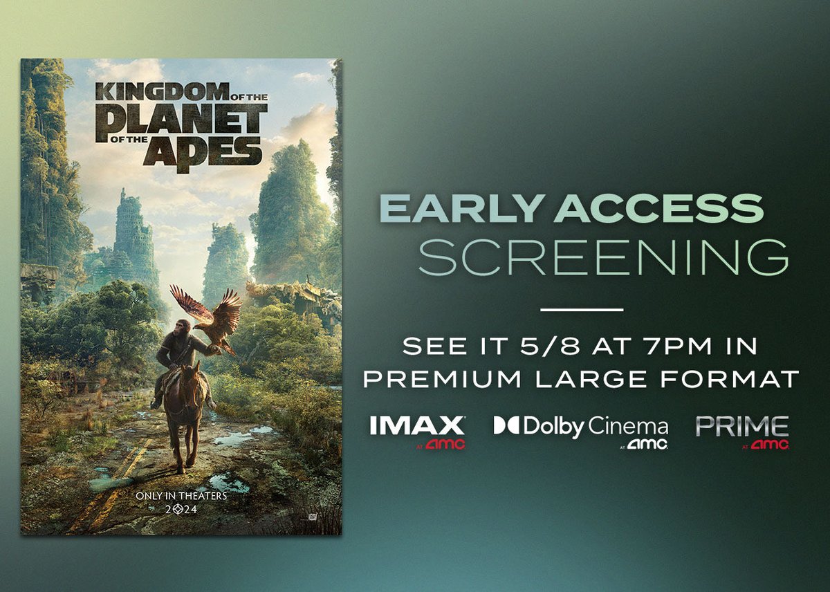 CEOAdam's tweet photo. Calling all of our Apes! At AMCβs theatres in the U.S., you can experience an early access screening of the new sure fire hit movie: Kingdom of the Planet of the Apes. In our ever so pleasing IMAX, Dolby Cinema and Prime auditoriums on Wednesday May 8 at 7 pm. https://t.co/SYlu6xH36b