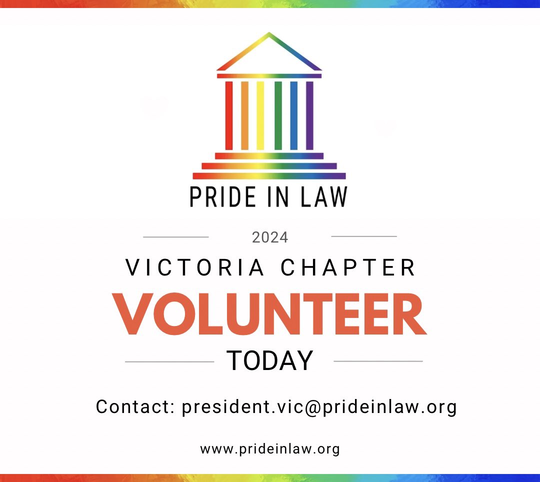 VIC - @prideinlaw’s Victoria Chapter Executive Committee have vacancies for: ✅ 2 x Events Officer ✅ 1 x Advocacy Officer If you like to join the Victorian team please email 👇🏽 president.vic@prideinlaw.org #vicprideinlaw #prideinlaw #volunteer #legal #law #lgbt #ally