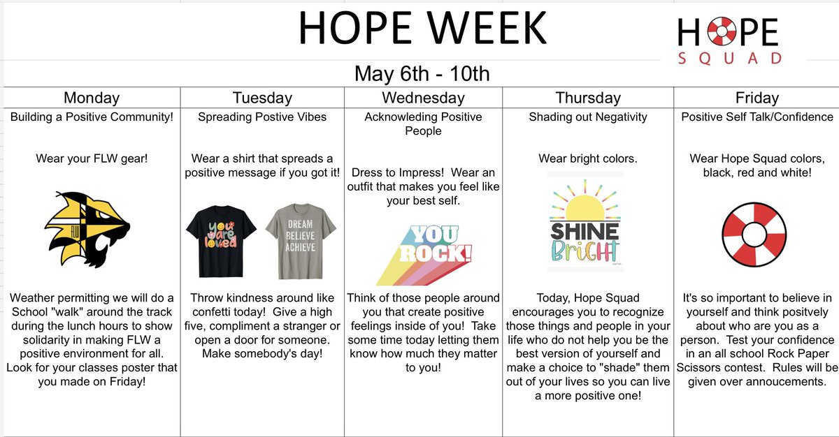 FLWWILDCATS's tweet photo. Get ready to celebrate, participate and support HOPE Week~May 6th-10th #flwwildcats #wildcatwow #flwhopeweek #flwhopesquad #HopeWeek #wawmproud #TheWestWay https://t.co/H4fs3PpqEr