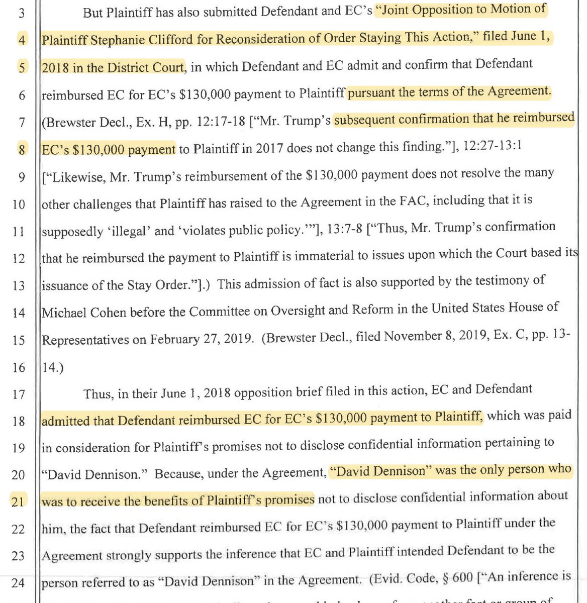 2. Trump and Cohen specifically admitted that Trump reimbursed Cohen $130,000 for the NDA with Stormy Daniels, per the NDA with Daniels (a.k.a. Stephanie Clifford). What's more a subsequent court in 2020 held these to be admissions. Here's the 2020 court opinion.⤵️