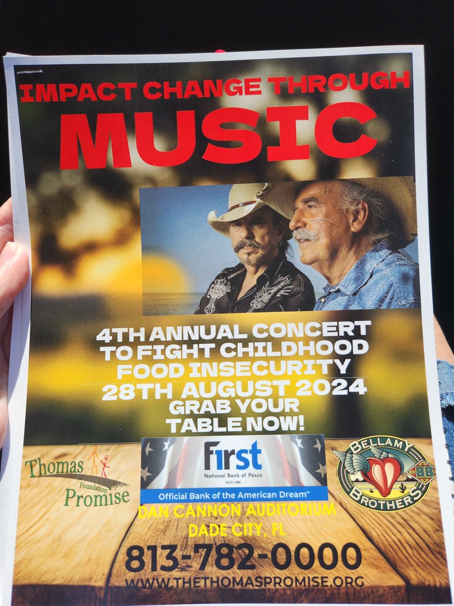 DianeJoycetampa's tweet photo. Please join us August 28th 2024
For Fantastic fundraiser featuring 
 the @Bellamy Brothers. All proceeds benefit Pasco school children. No child should go Hungry. Call the office 813 782 0000 or message me for info.
@TtpfOrg https://t.co/YUbN8HmuKP