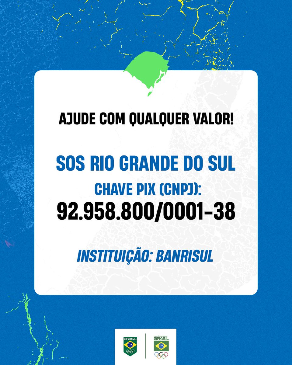 O Comitê Olímpico do Brasil diante da situação de calamidade pública enfrentada pelo estado do Rio Grande do Sul, se coloca como apoio de divulgação das informações para arrecadação de doações a toda população gaúcha.