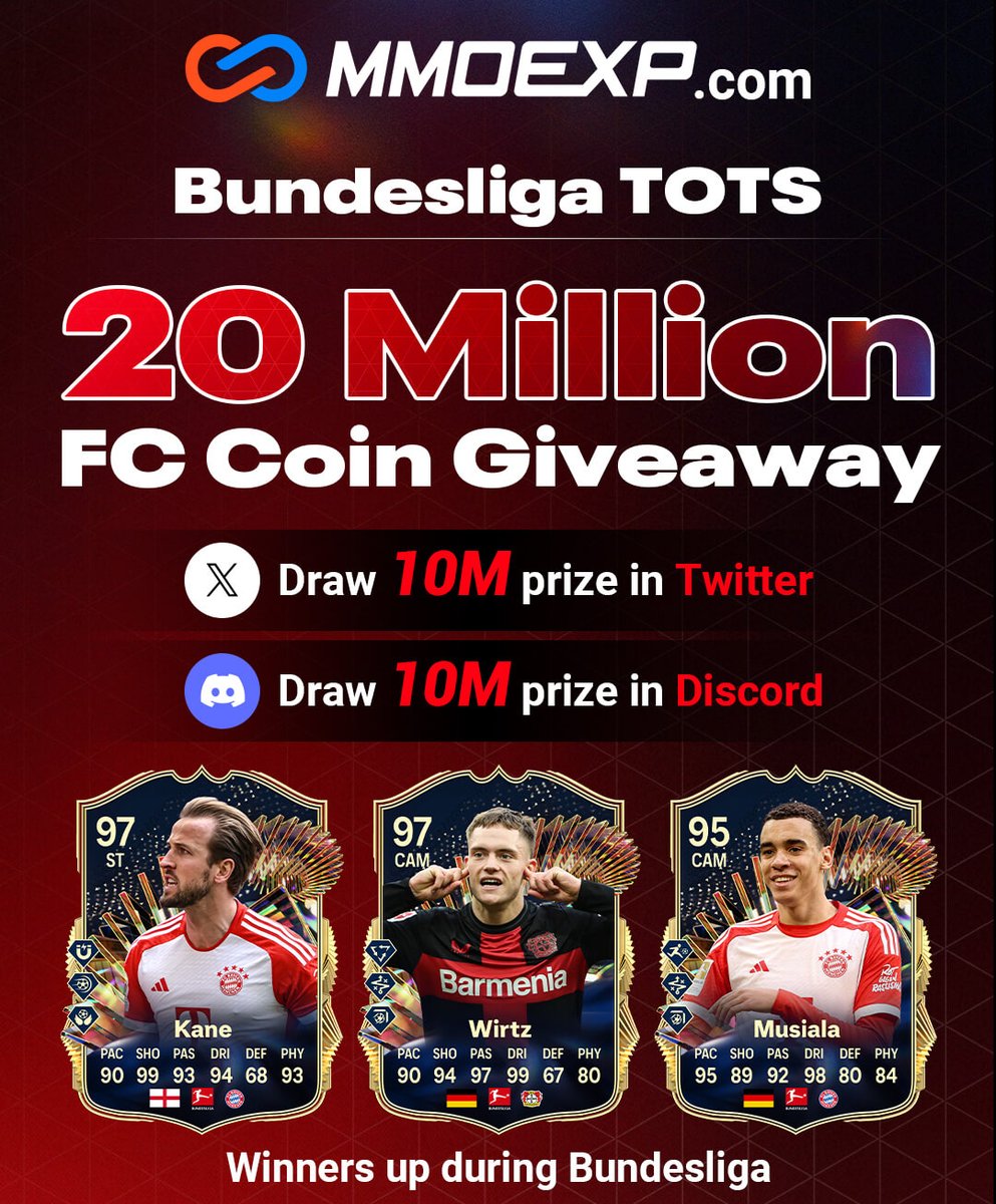 🔥Bundesliga TOTS #FC24 Celebration
🚨20M FC Coin Giveaway #BLTOTS 

✅Follow me &amp; Retweet🔄 &amp; Like❤️
✅Tell me your platform in comment.

🏆Picking 10x1M winners in Twitter
🏆Picking 10x1M winners in discord➡️bit.ly/4b2iojA

🎉Buy FC coin at mmoexp.com