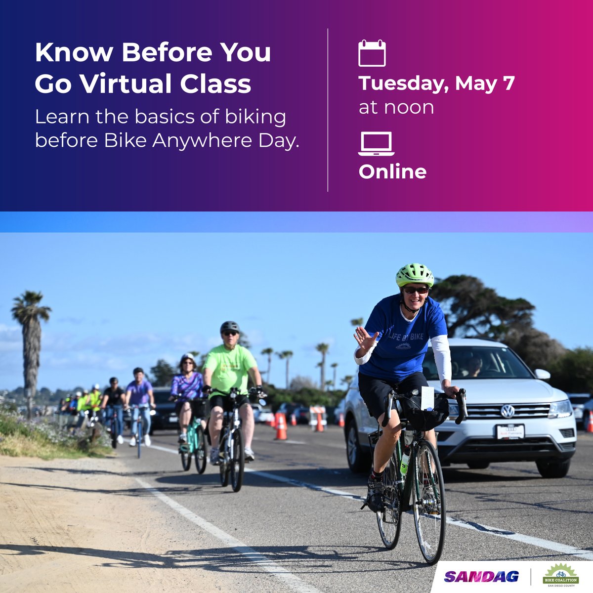 Need a refresher on biking basics before Bike Anywhere Day? Tune in to our free, virtual class on Tuesday, May 7 at noon to learn about traffic laws, route planning, and more! Register at bit.ly/3WsgPaK 🚴💨 #BikeAnywhereSD