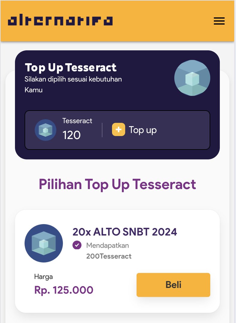 AlternatifaP's tweet photo. Alternatifa Try-Out (ALTO) tersedia lagi untuk 20x Try-Out SNBT 2024. Bisa langsung dibeli di https://t.co/AtmK9uaRve

20x TO SNBT 2024 meliputi:
- Akses pada soal yang relevan dengan tipe soal dan kesulitan SNBT, kamu berusaha mencari relevansi bukan mau bikin soal paling sulit.
- IRT yang ramah untuk psikologis belajar karena kenyatannya banyak yang lolos SNBT itu skor TO gak sampai 600 eh di SNBT lebih dari itu, ternyata memang platformnya yang sadis.
- Bisa akses 2-5 TO SIMAK UI/UM UGM/SM ITB

Maksimal pembelian tesseract untuk try-outi tu 30 Mei yaa, setelah itu gak ada lagi.