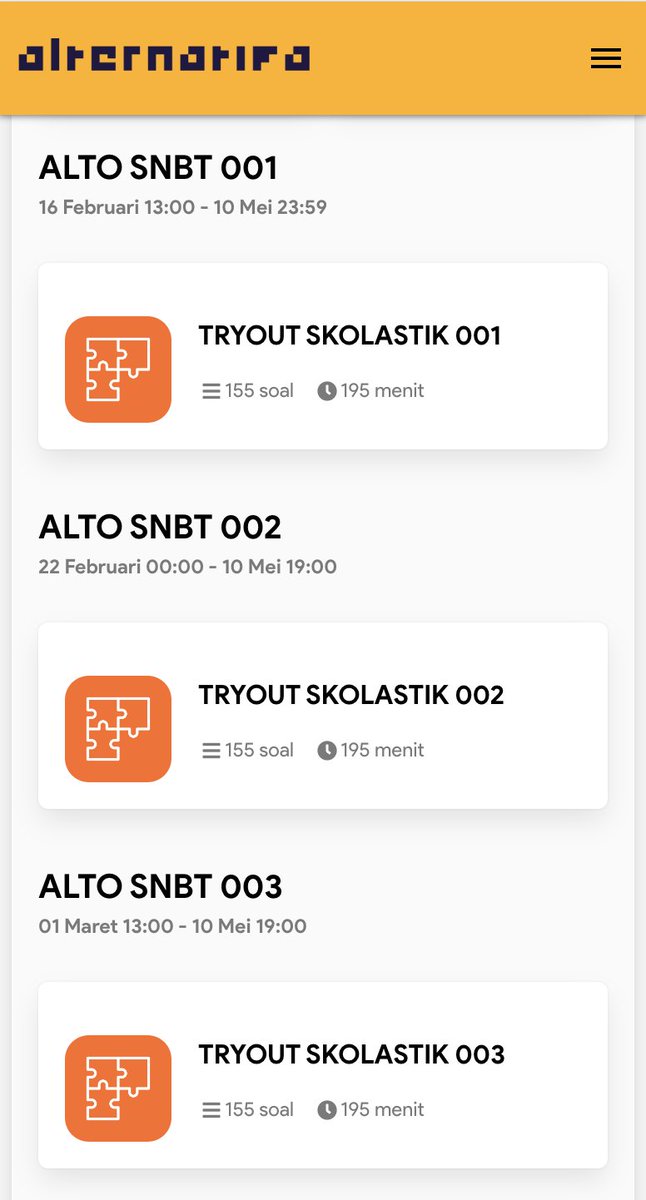 AlternatifaP's tweet photo. Alternatifa Try-Out (ALTO) tersedia lagi untuk 20x Try-Out SNBT 2024. Bisa langsung dibeli di https://t.co/AtmK9uaRve

20x TO SNBT 2024 meliputi:
- Akses pada soal yang relevan dengan tipe soal dan kesulitan SNBT, kamu berusaha mencari relevansi bukan mau bikin soal paling sulit.
- IRT yang ramah untuk psikologis belajar karena kenyatannya banyak yang lolos SNBT itu skor TO gak sampai 600 eh di SNBT lebih dari itu, ternyata memang platformnya yang sadis.
- Bisa akses 2-5 TO SIMAK UI/UM UGM/SM ITB

Maksimal pembelian tesseract untuk try-outi tu 30 Mei yaa, setelah itu gak ada lagi.