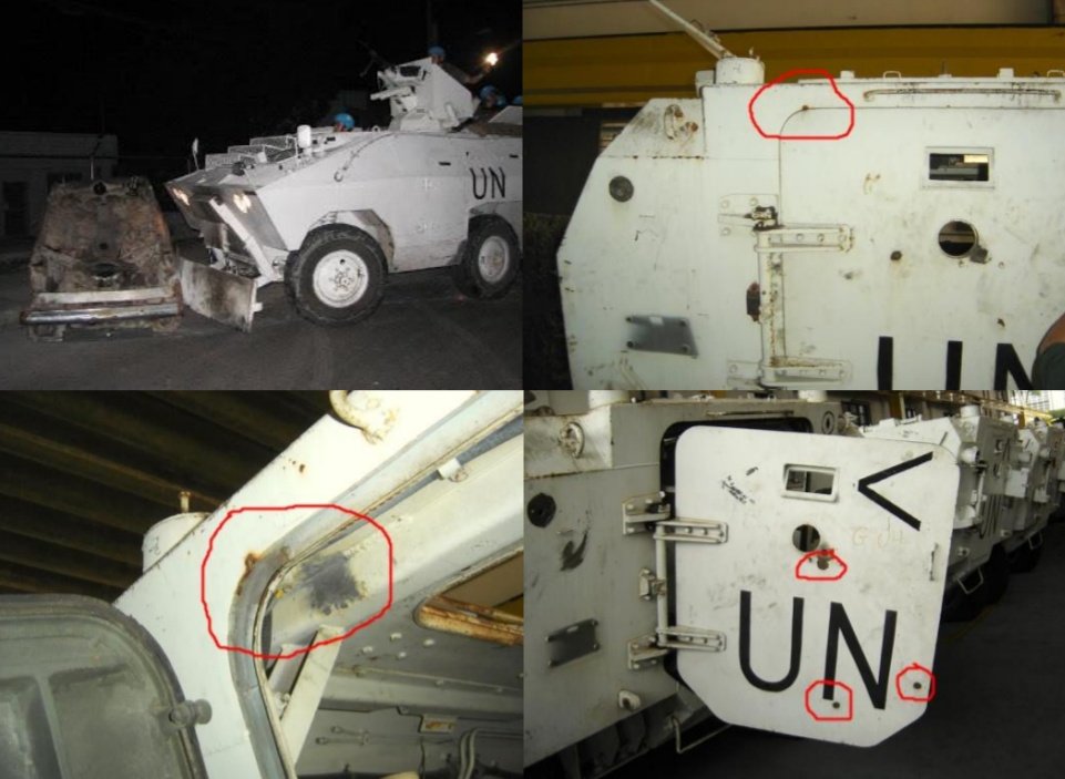 Some EE-11 urutu in Haiti peacekeeping mission after receiving fire from insurgents. The vehicles used in this peacekeeping mission received reinforced armor on the inside, shown in image number 3.