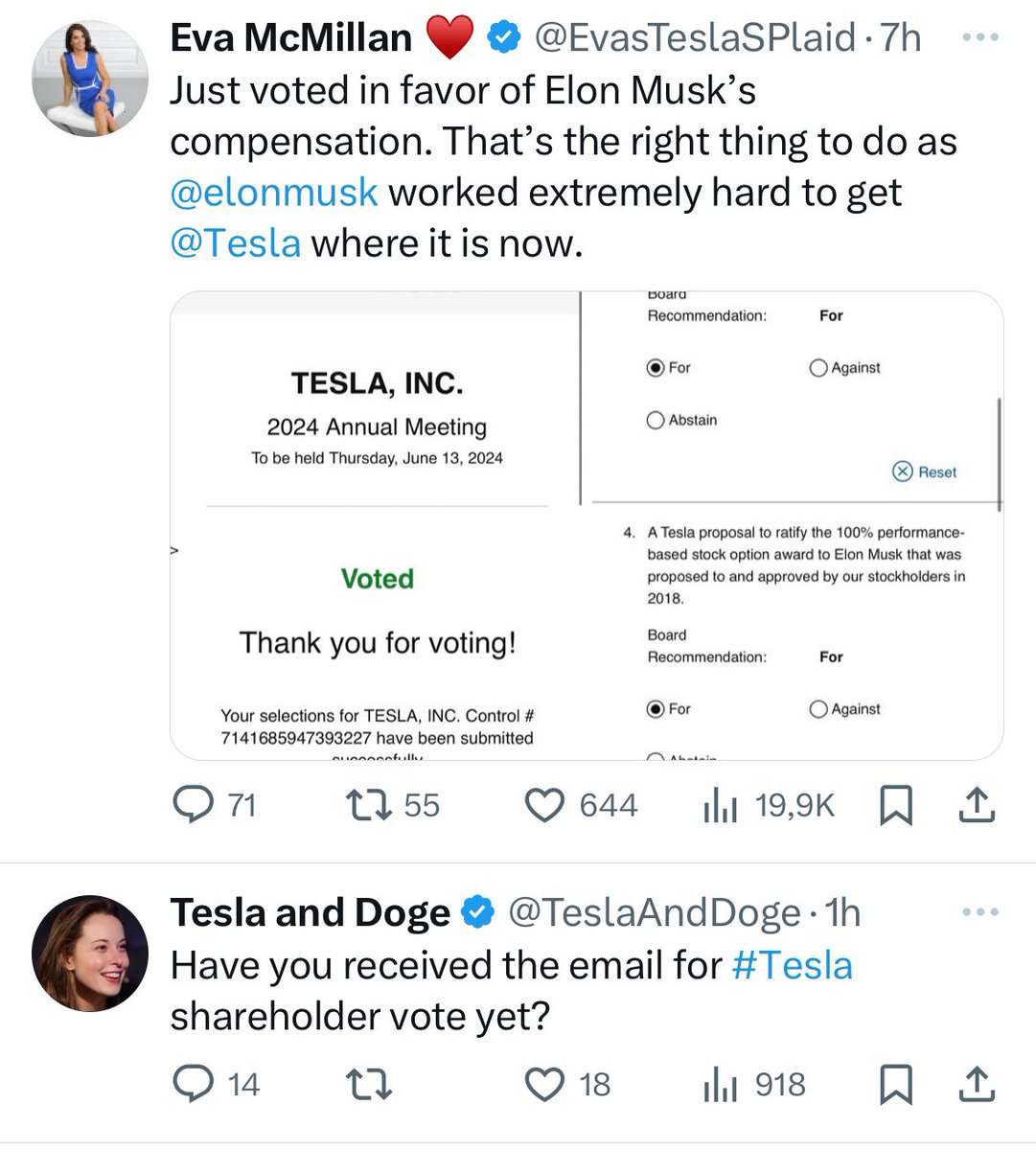 This concerted effort to make people to vote in favour of Elon makes me think that a flood of NO is coming after the BoD. The one below is just an example. $TSLA #voteno