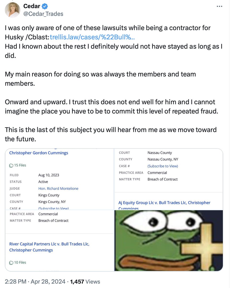 @Guruleaks1 @Husky_Trades lol! What about #cblast's partner in crime #Cedar_Trades? When he was postin massive inflated returns which anyone could see didn't add up, just to get more subs, Cedar didnt warn her subs at all. She had a frontrow seat to all the fraud. Now she's tryin to play innocent.