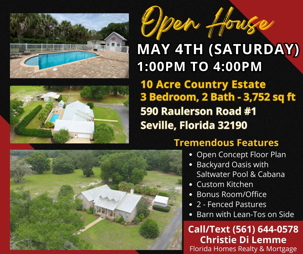🏠 OPEN HOUSE... YOU'RE INVITED! I would also like to personally invite you to my Open House for a true rare-find *10* Acre Country Estate in West Volusia County, Florida tomorrow, Saturday, May 4th, from 1pm to 4pm. Call/Text (561) 644-0578 for more information🏠🌴🌞 #florida