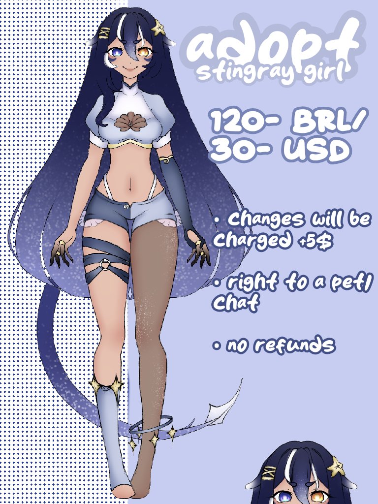 NEW ADOPT! ~ • ° • · . 

GIRL STINGRAY🌊🫧

• R$120,00 / 30USD

• Changes will be charged +5$
• Right to A pet/Viewers 
• No refunds

Please?? = 🔄❤️

#adopts #Vtubers #pngtuber #Sea #VtuberEN #art #style #adoptable #artist