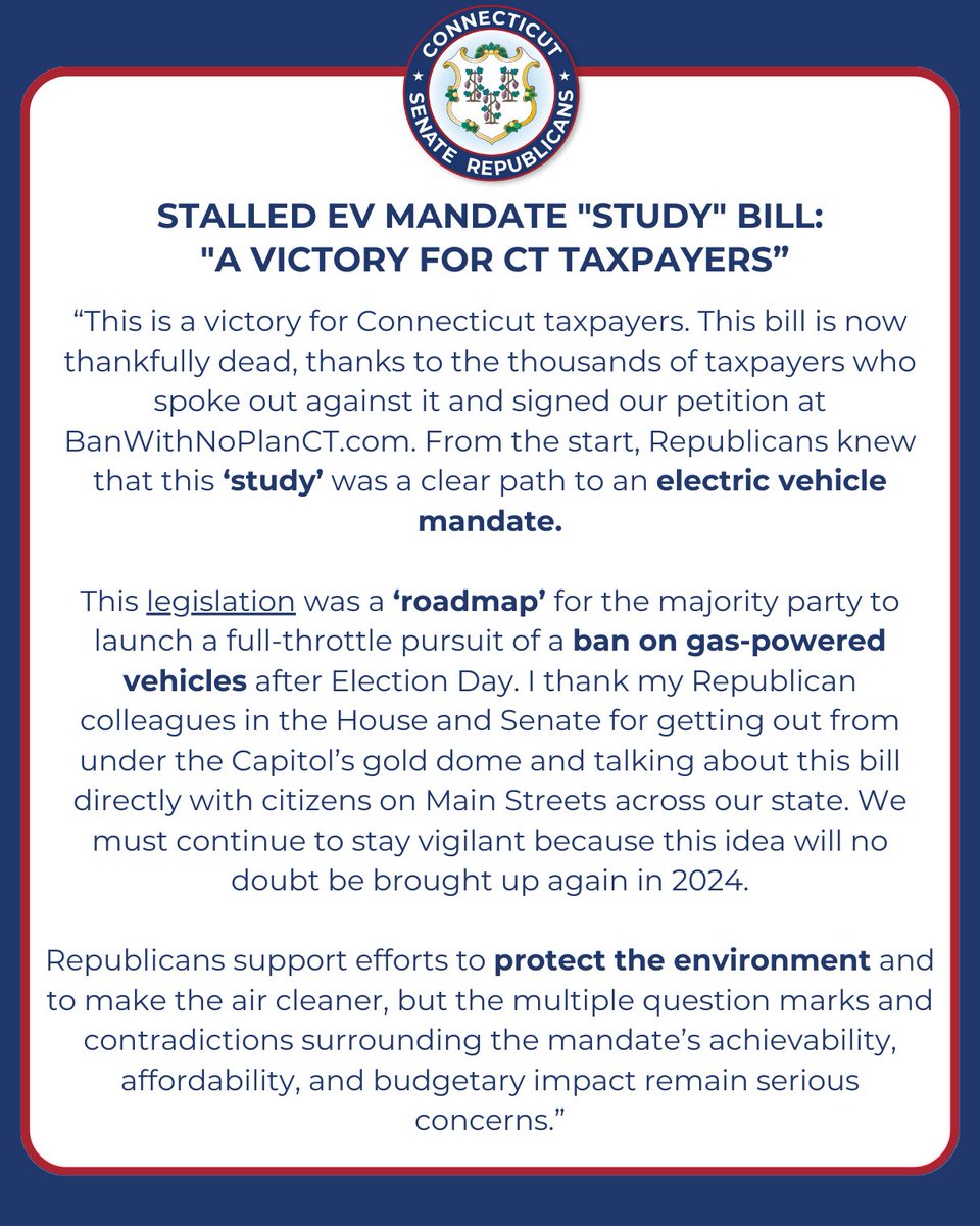 A statement from @SenHarding30 regarding Democrats announcing that they have opted to not vote on legislation to study the electric vehicle mandate in 2024.