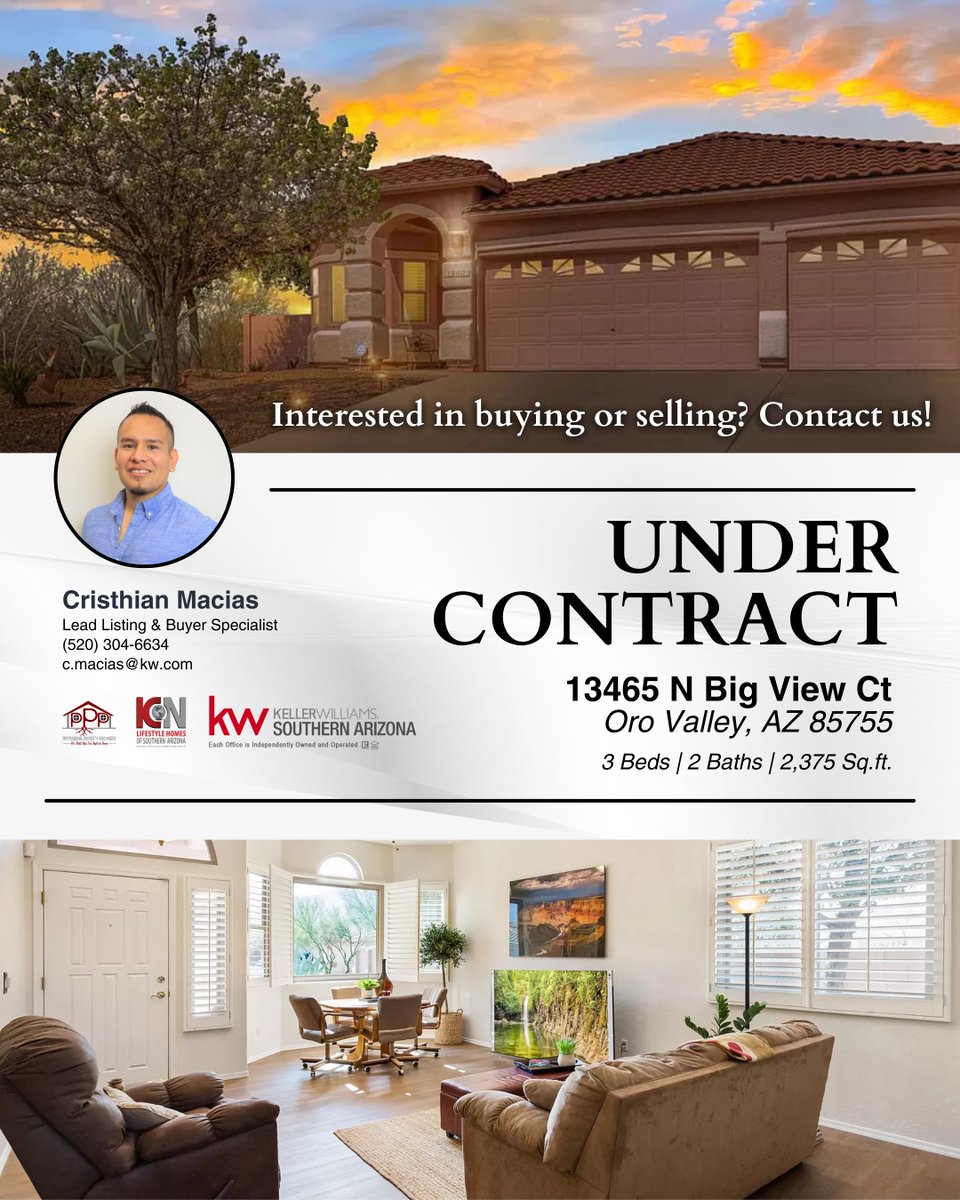 This beautiful Oro Valley home is now under contract! 

Selling or buying a home? Call Cristhian Macias at:
☎️  (520) 304-6634
📧  c.macias@kw.com
🌐  lifestylehomesofsouthernarizona.com

Check your home value 👉  lifestylehomesworldwide.com/homevalue

#realtoradvice